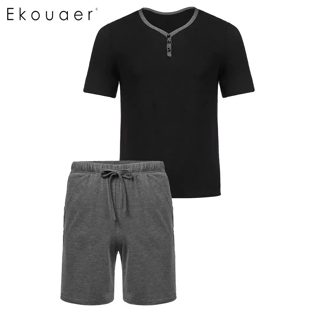Ekouaer Мужская короткая Пижама с v-образным вырезом с коротким рукавом контрастная цветная футболка со средней талией пижамные шорты Домашняя одежда для сна