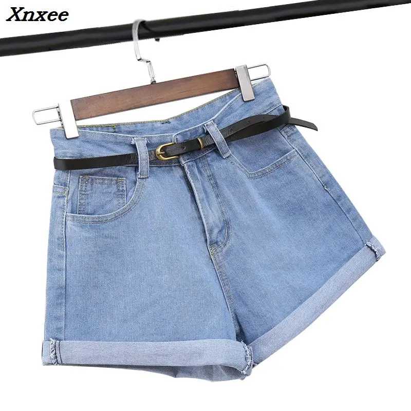 Летние повседневные женские хлопковые шорты Джинсы средней талии джинсовые шорты с карманами и поясом свободные широкие брюки шорты плюс