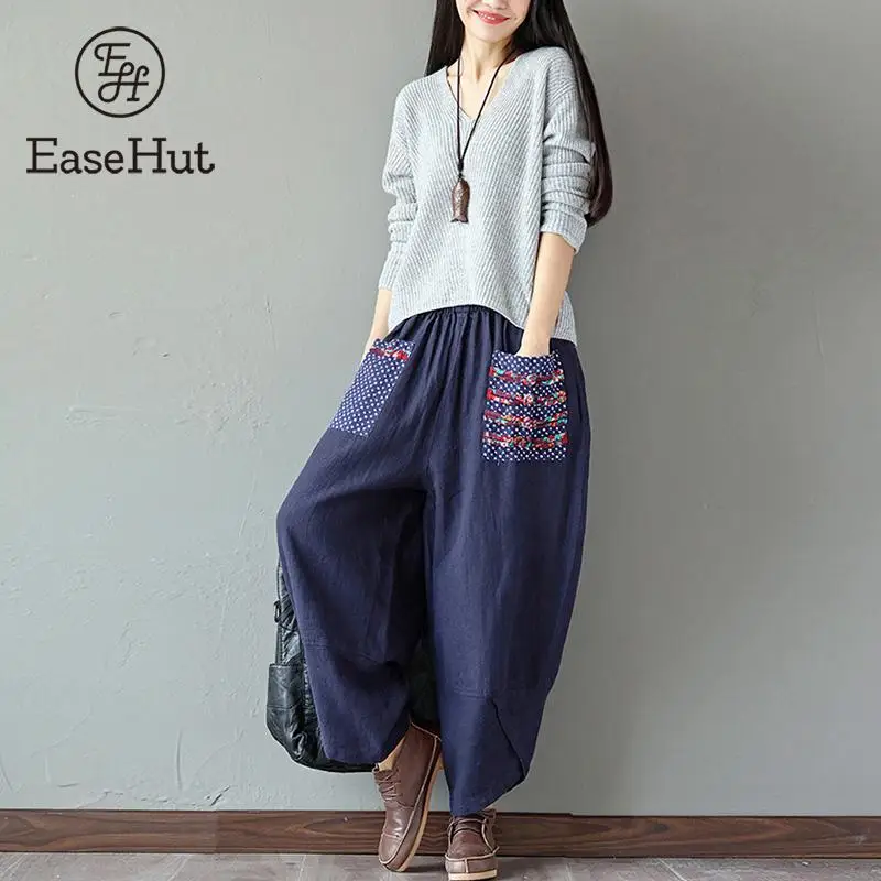 Womens Embroidery Loose Pants Cotton Linen Ethnic Casual Wide Leg Trousers Retro