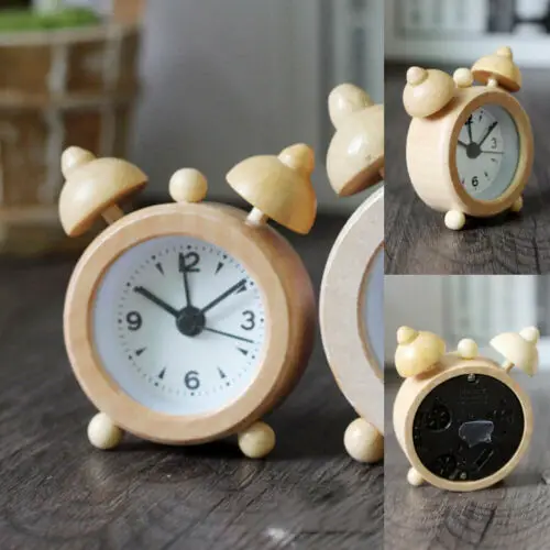 

Wooden Log Twin Bell Round Alarm Clock Silence Travel Small Table Clocks Snooze Function Home Decoration
