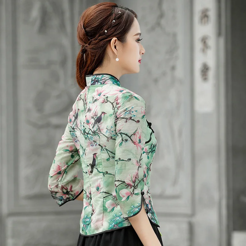 3 цвета XXXL Cheongsam Блузка шелковая льняная конопляная Топы Ципао китайский стиль костюм Тан с семи рукавами женская рубашка с принтом зеленая Женская