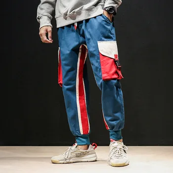 

#2129 Side Patchwork Colored Striped Harem Cargo Pants Men Plus Size 5XL Loose Streetwear Hip Hop Pants Mens Joggers Big Pockets