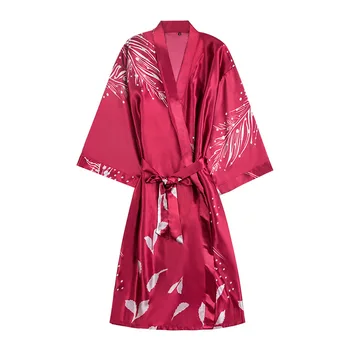 

Bride Wedding Robe Dress Gown Women Leaves Print Kimono Nightgown Short Casual Sexy Vintage Bathrobe Peignoir Femme