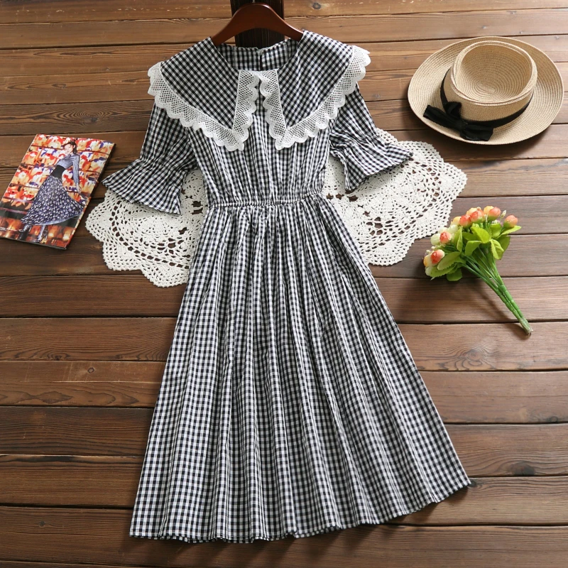 

Japan Mori Girl Summer Dress 2019 New Women Peter Pan Collar Plaid Cotton Long Dresses Black,Gray Female Vintage Clothing