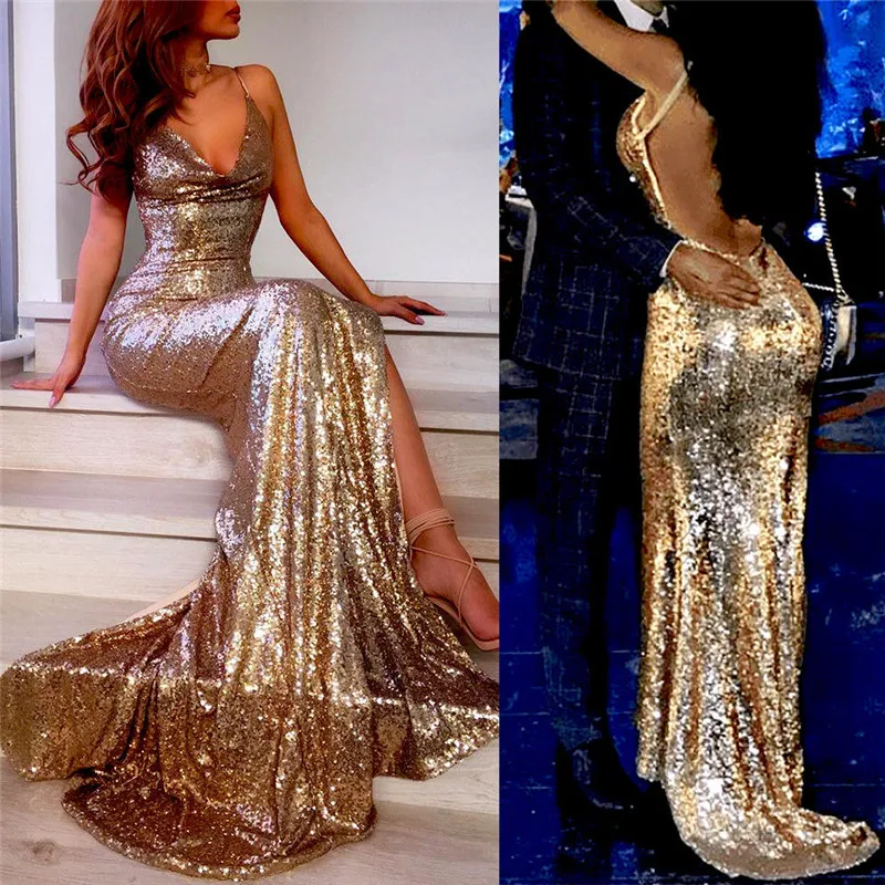 

Women Sequins Long Dress Sexy Lady Sleeveless Strap Bodycon Shiny Dress Backless Evening Party Deep V Neck Floor-Length Dress