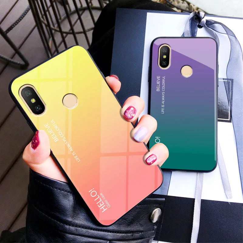 Чехол для Redmi 6 Pro с градиентом Аврора закаленное стекло задняя крышка Xiaomi Redmi6Pro 6Pro