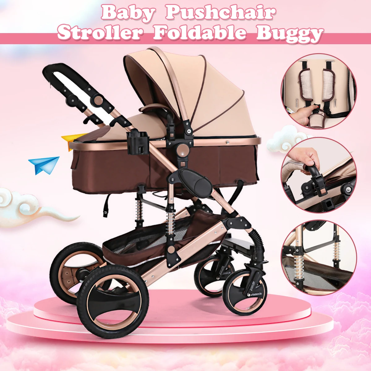 

8 in 1 Foldable Four Wheel Stroller for 0-3 Years Old Baby Warranty Baby Stroller Carriage Travel Pram Pushchair RU STOCK