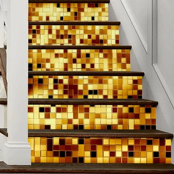 

6pc/set PVC Stickers Gold Mosaic Tiles Pattern Stair Stickers Decals Removable Waterproof Stairway Vinyl Stickers For Home Decor