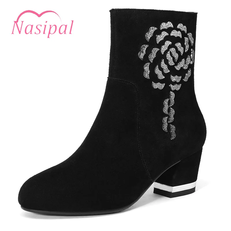 

Nasipal Plus Size Ankle Boots For Women Thick High Heels Female Zipper Shoes Woman Crystal Short Boot Casual Ladies Footwear