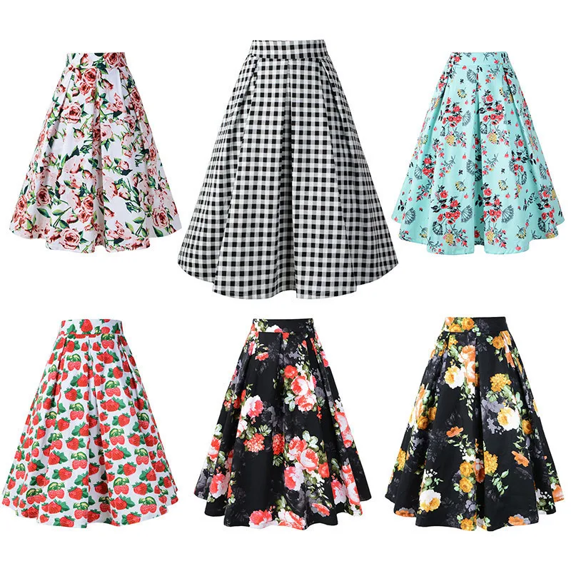 

Plaid Skirt Summer High Waist Floral Print Pleated Midi Skirt Cotton Retro 50s Rockabilly Swing Vintage Skirts Women Jupe Longue