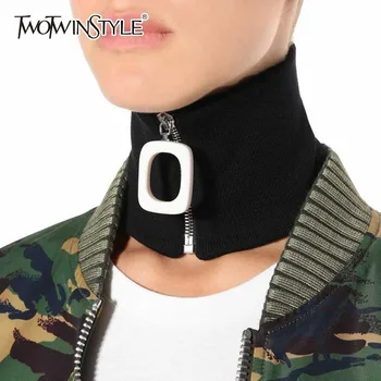 

TWOTWINSTYLE Black Knitting Scarf Female Warm Fashion Fake Collar Large Buckle Zipper Scarves For Women 2020 Accessories Tide