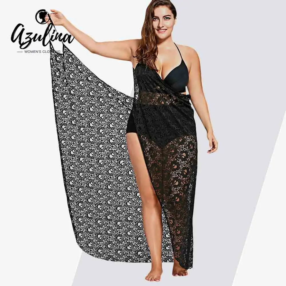 

Rosegal Summer dress Women Plus Size Lace Cover Up Wrap Dress Spaghetti Straps Hollow Sleeveless Solid vestidos Swimwear Smock