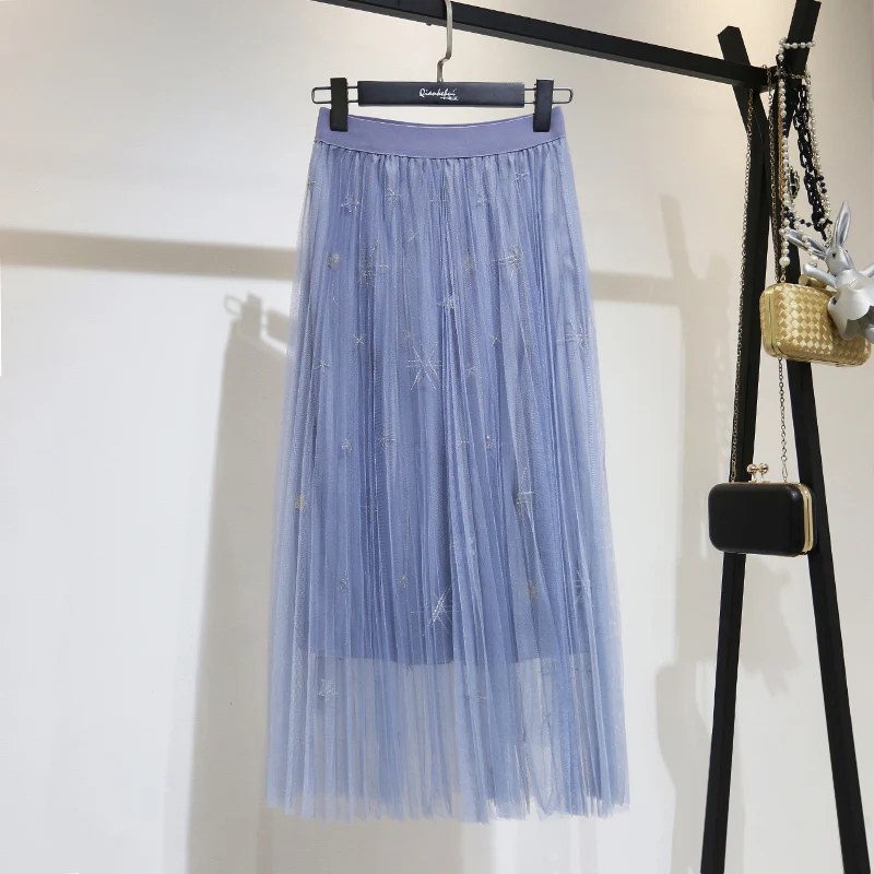LANMREM Весенняя новая Корейская стильная сетчатая свободная расшитая Блестками одежда до середины икры с принтом модная женская летняя юбка QG703