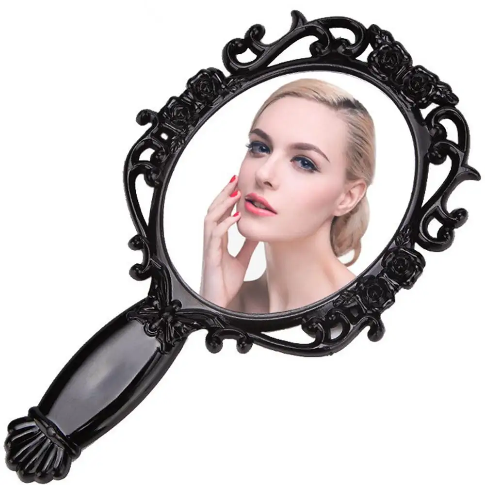 1 pc Black Square Round Retro Pattern Handle Makeup Mirror Portable