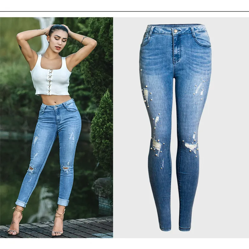 

Pearl Beaded Hot Jeans High Waist Ripped Hole Jeans Sexy Women Denim Pants Stretchy Skinny Jeans