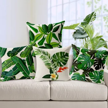 

Hot sale tropical plant green leave couch cushion cover home decorative pillow cotton linen pillowcase 45x45cm pillow cover 1pc