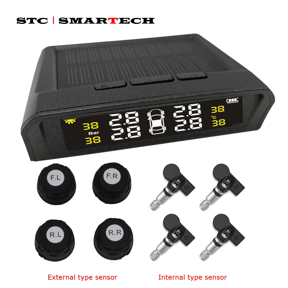 

SMARTECH TPMS Solar Car tire pressure sensor with LCD display, tire pressure monitoring system support Temperature Warning