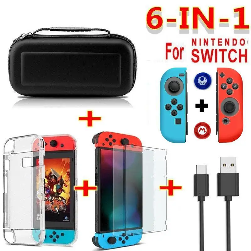 

Game accessory set Black red blue For Nintend Switch Travel Carrying Bag Screen Protector Case Charging Cable r25