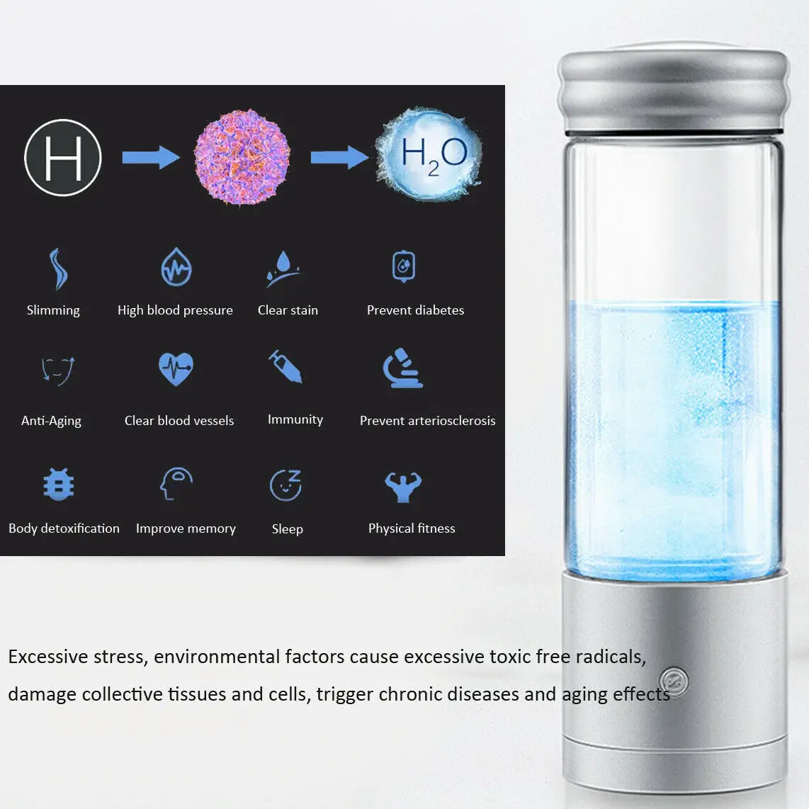  YUEWO 350ML Portable Hydrogen Rich Water Maker Electrolysis Ionizer Water Bottle Glass USB