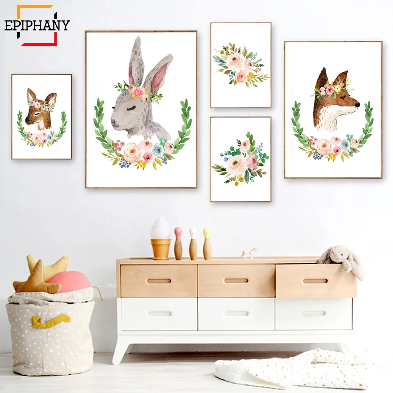 

Woodland Nursery Decor Girl Boho Animal Bunny Deer Wall Art Flower Crown Painting Pictures Baby Kids Bedroom Posters and Prints