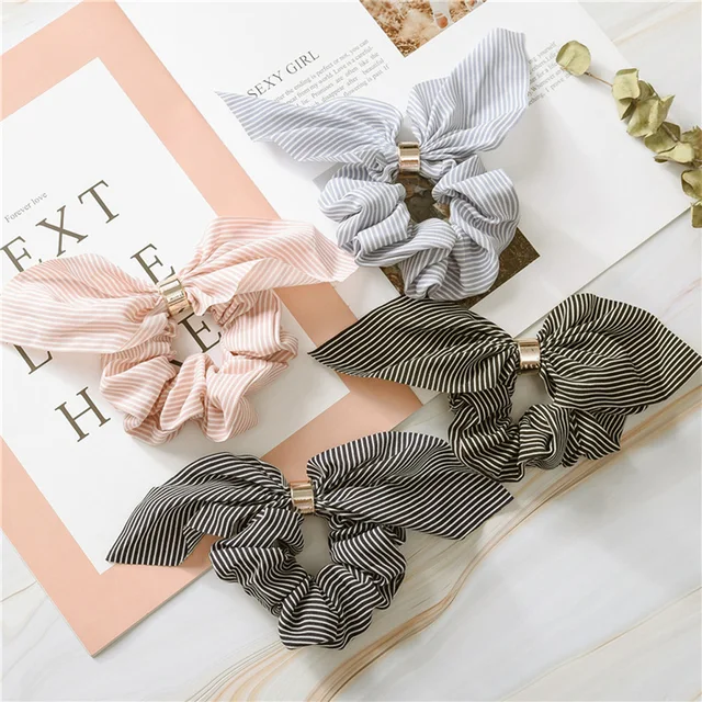 Accesorios coreanos para el cabello a rayas con Orejas de conejo, cintas elásticas para el pelo con hebilla de plástico, lazos, coleteros Accesorios coreanos para el cabello a rayas con Orejas de conejo, cintas elásticas para el pelo con hebilla de plástico, lazos, coleteros