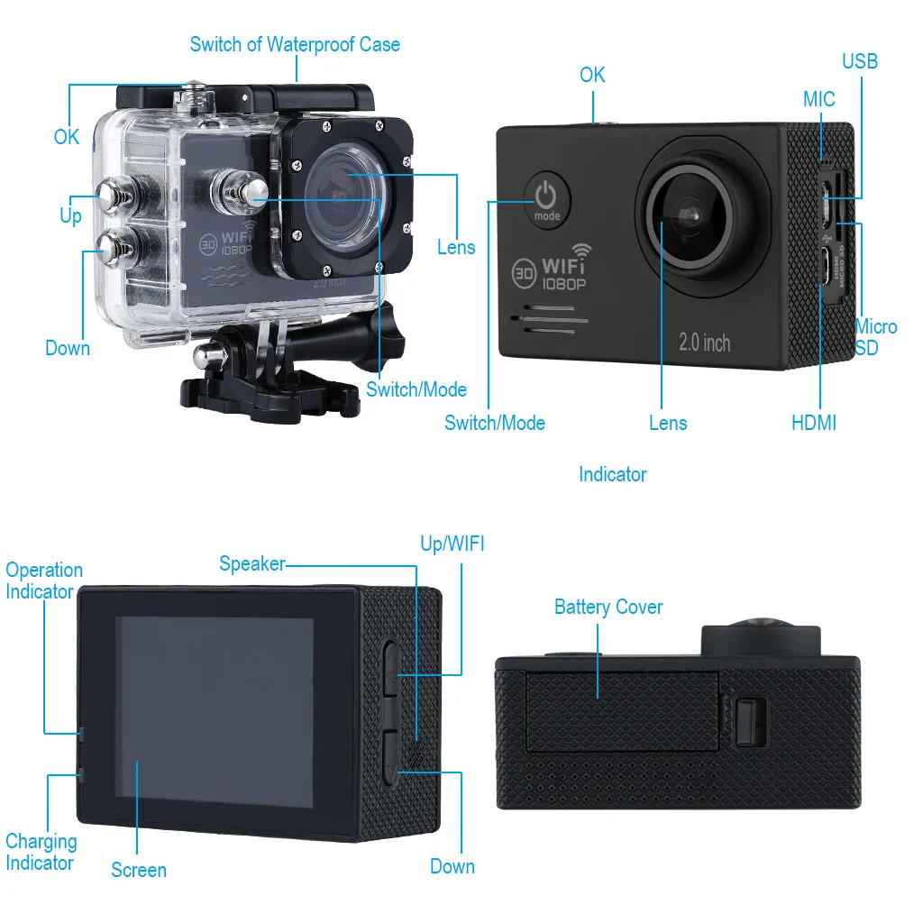 Спортивная экшн видеокамера Sjcam 2 0 дюйма с защитой от тряски 12 Мп Full HD 1080 P 170 ° wifi 30