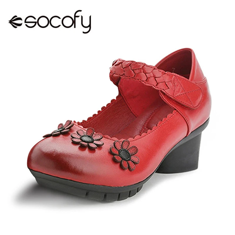 

Socofy Women Pumps Flower Retro Genuine Leather Shoes Woman Chunky Block Heel Hook&Loop Vintage Ladies Shoes 4.5cm Heels Pumps