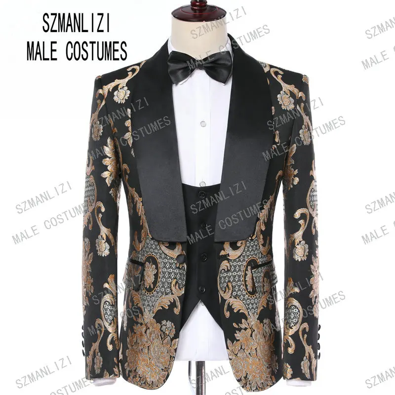 

Costume Homme 2019 Elegant Formal Groom Men Dress Wedding Suits For Men Printed Floral Tuxedo Groomsmen Wedding Blazer Suits