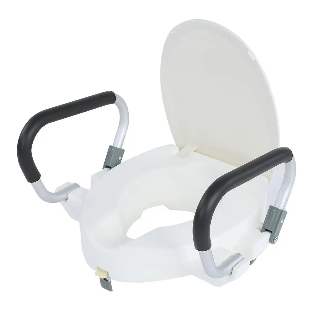 

10cm Elevated Raised Toilet With Lid Removable Padded Arms White Tool