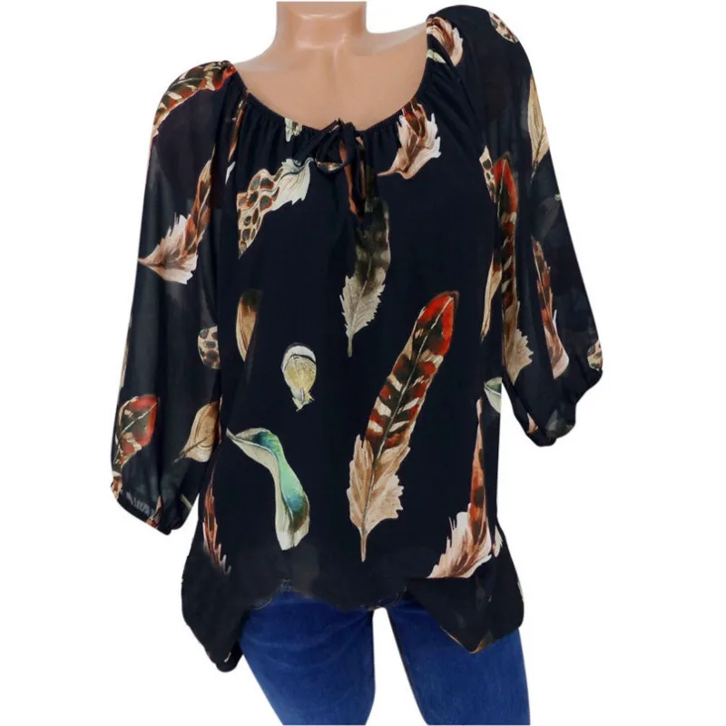 

2019 Summer Spring Feather Print T Shirt Femme Causal T Shirt Women Top Female T Shirt Long Sleeve White Black T-shirt Woman