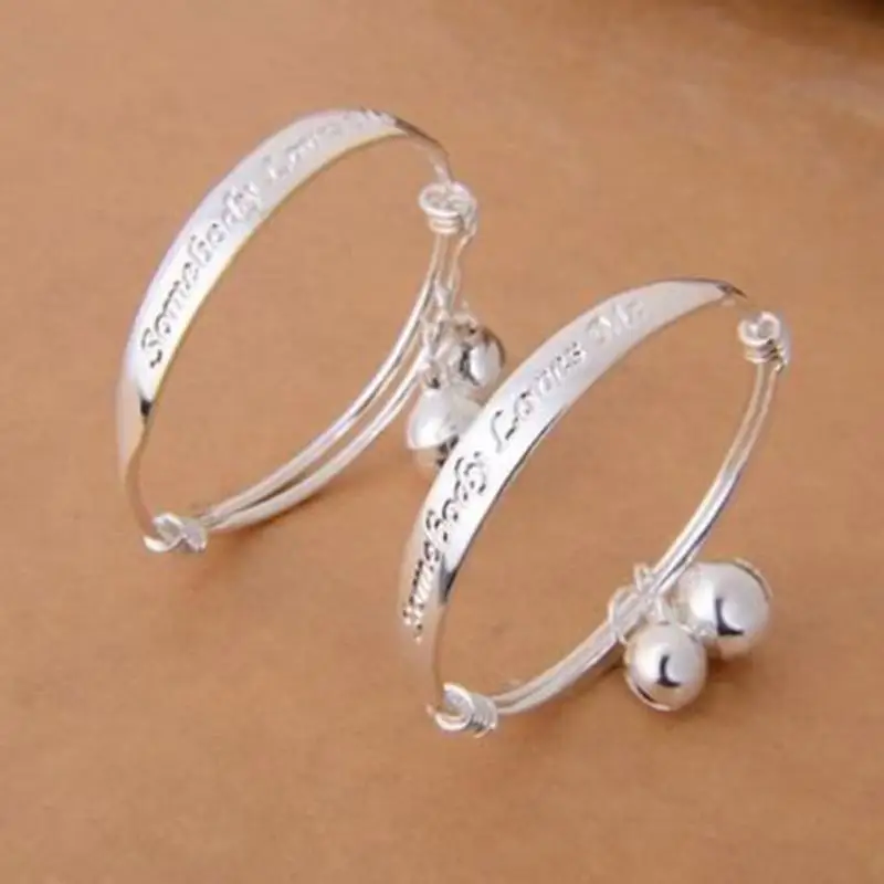 

2Pcs Cute Silver Plated Baby Bracelet Alphabet Printed Small Bell Design Bracelet Baby Bangle