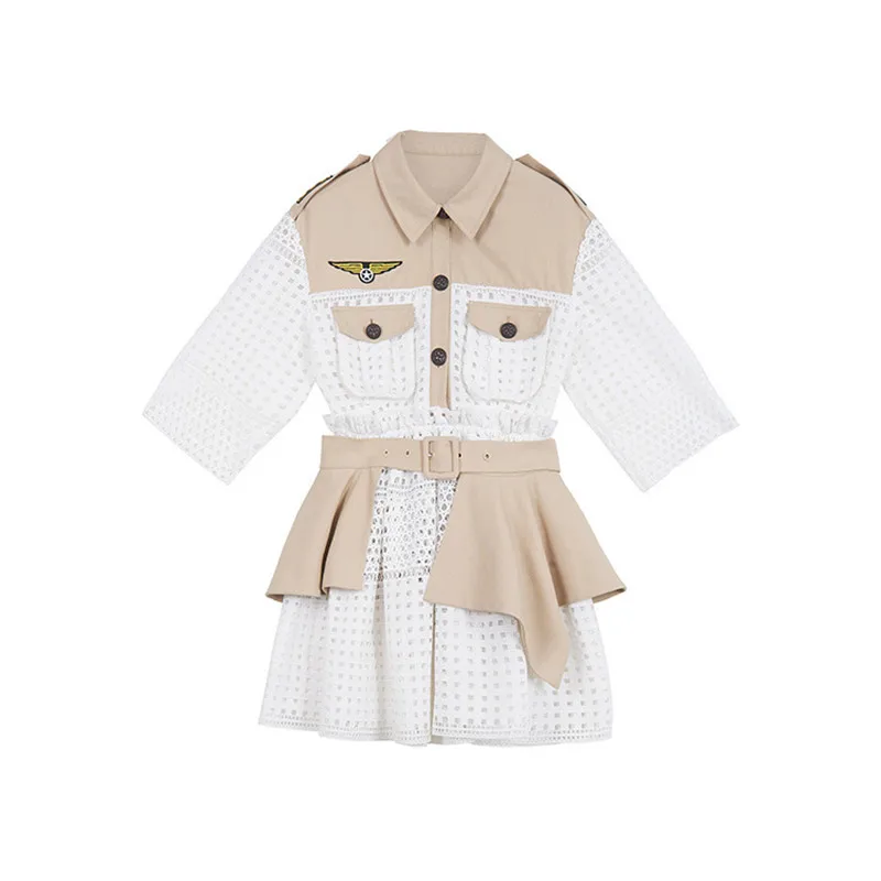 Brand Designer Hollow Out Patchwork Women Dress Turn-down Neck Button Asmmetrical Elegant Chic Mini 2019 Summer Clothes | Женская одежда