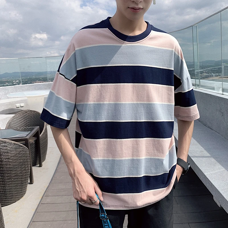 

Men's T-shirt 2019 summer new striped five-point sleeves Slim short-sleeved loose casual personality vitality men's clothing