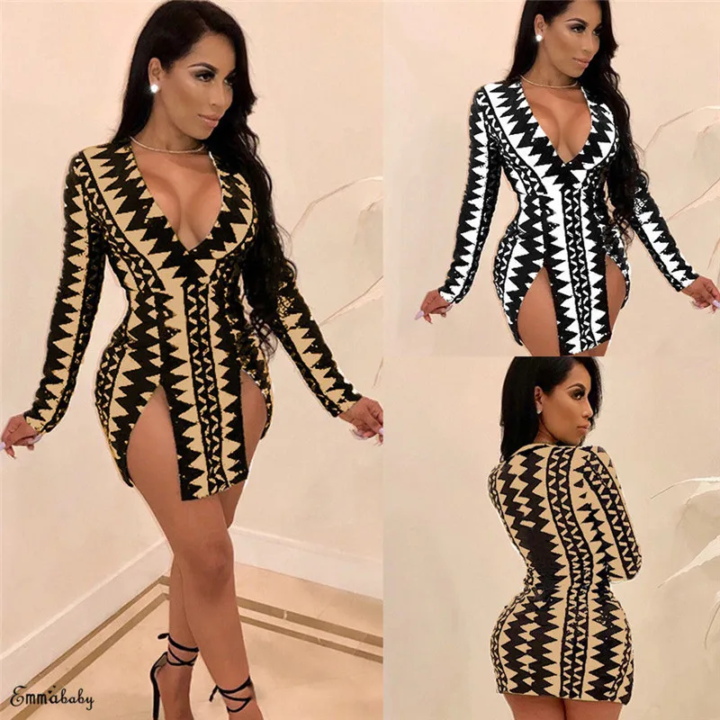 

Fashion Casual Slim Geometric Women Sexy Clubwear Split Digital Print Deep V-neck Long Sleeve Bodycon Mini Dress