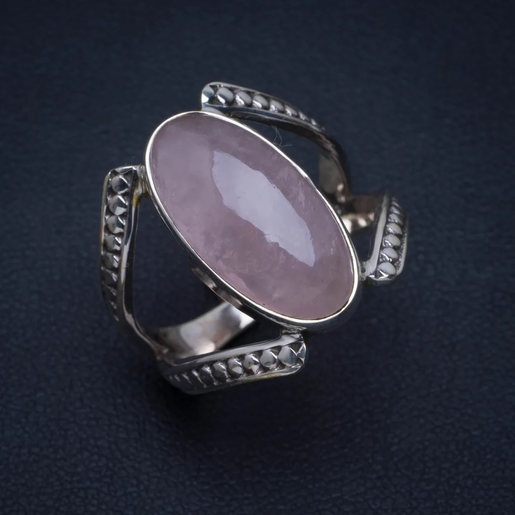 Natural Rose Quartz Handmade Unique 925 Sterling Silver Ring 8.5 A4040