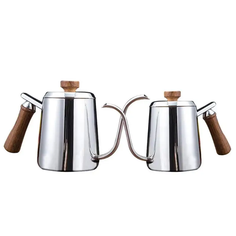350/600ML Coffee Pot Stainless Steel Gooseneck Long Narrow Spout Wooden
