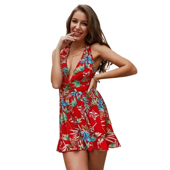 

2019 Summer Women Casual Floral Print Rompers Beach Sleeveless Backless Playsuit Lace Up Sexy Deep V Neck Short Jumpsuit