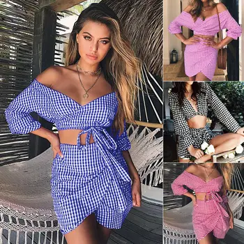 

Ladies Casual Plaid Bandage Outfits Party Cluwear 2Pcs Women Sets Summer Sexy Long Sleeve V-Neck Crop Top and Bodycon Skirt