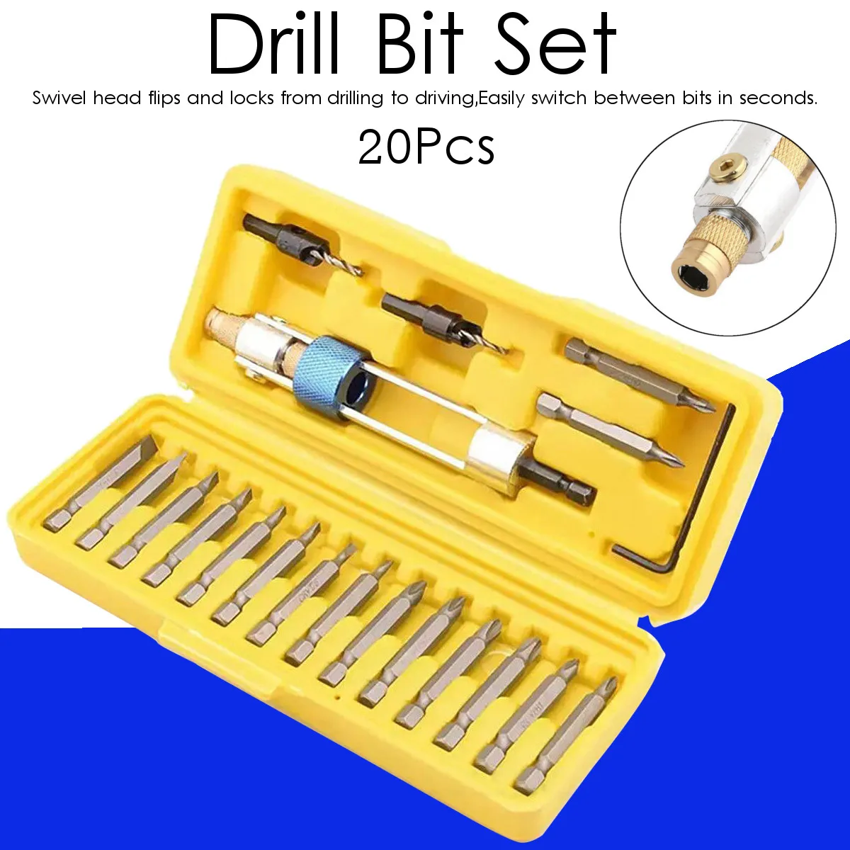 

20Pcs Drill Bit Set HSS High Speed Steel Screwdriver Bits Flip Drive With Yellow Blow Molding Box Multifunctional Drill Bit Kit