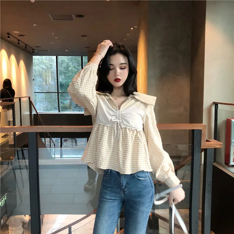 

Lychee Girls Vintage Lace Up Plaid Patchwork Female Blouse Fake 2 Pieces Turn Down Collar Long Sleeve Slim Women Blouse Shirts