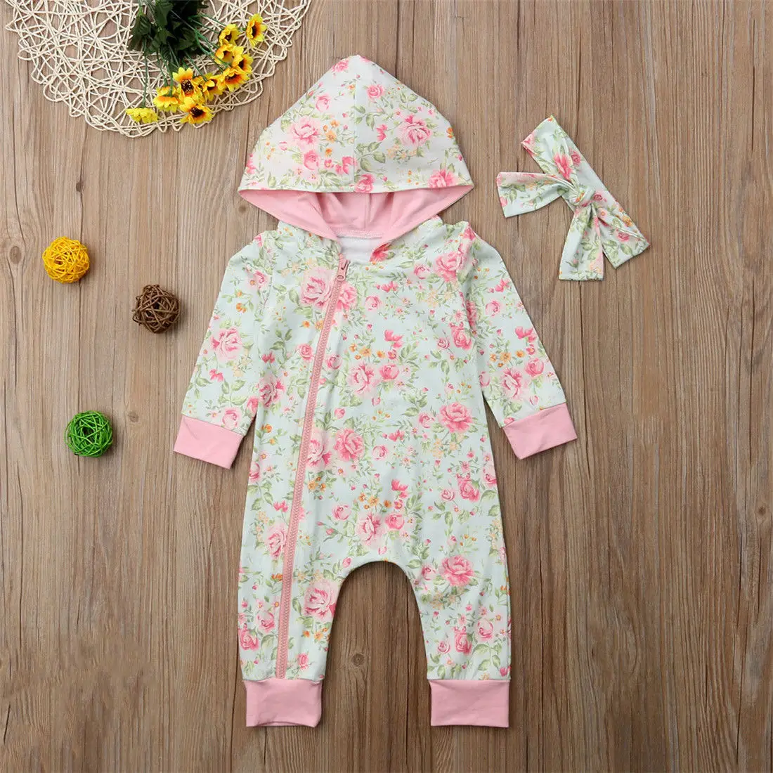

Newborn Baby Girl Clothes Floral Zipper Hooded Long Sleeve Baby Rompers Jumpsuit Autumn Casual Outfits New Born Baby Clothes