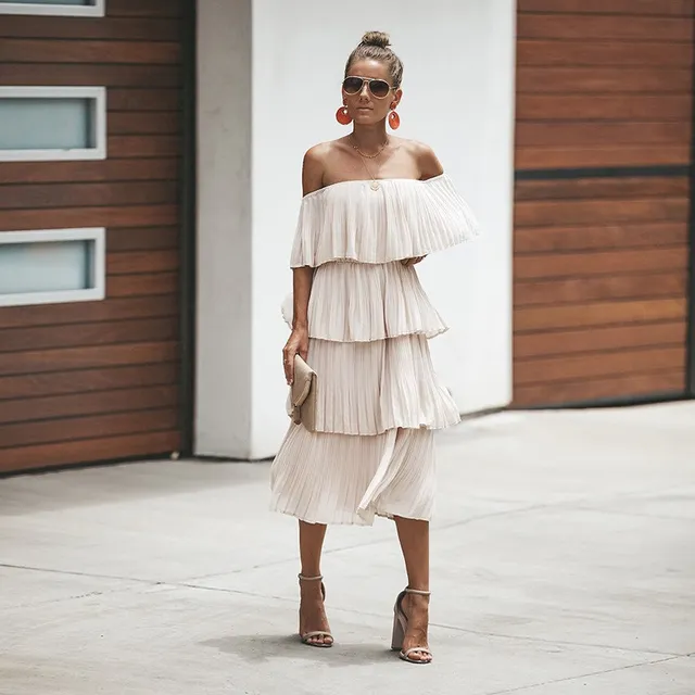 Special Offers 2019 Summer Women Slash Neck Solid Dress 2019 Chiffon Sexy Off Shoulder A Line Dresses Party Night Club Midi Dress Streetwear