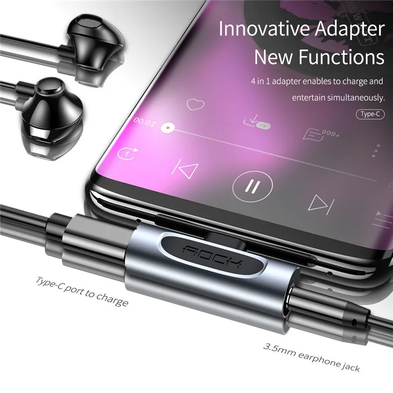 Rock USB C Aux Adapter Type C to Type-c & 3.5mm audio Cable Female Headphone Jack Aux Splitter USB-c Charging For Huawei Macbook