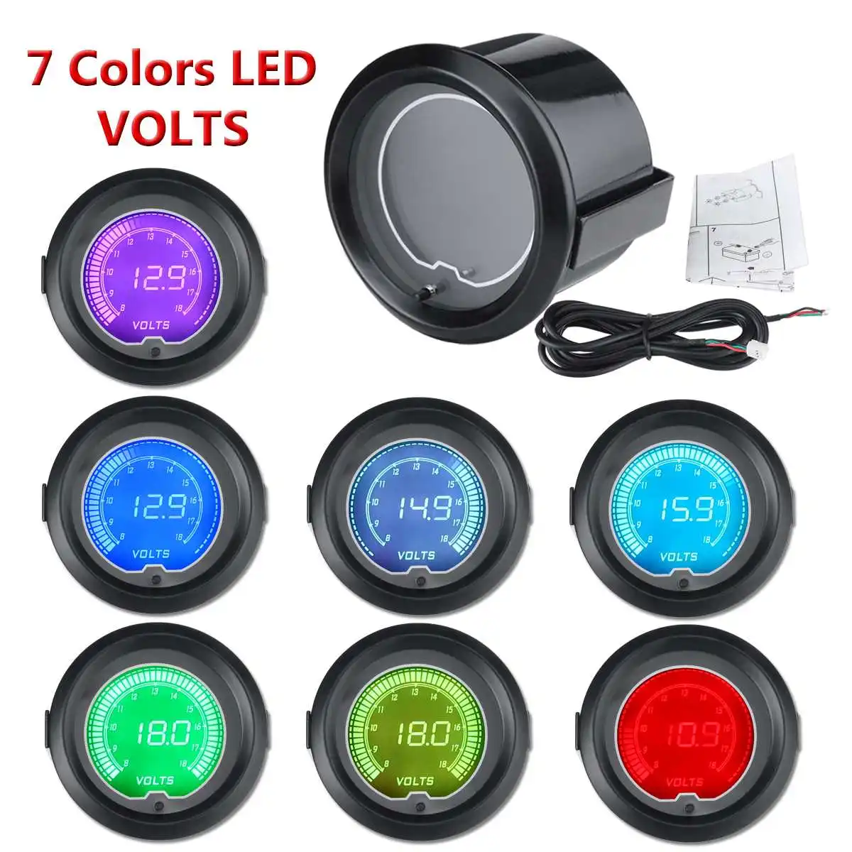 

Car Auto 52mm 2inch Universal 7 Colors LED Display 12V Voltage Meter Volt Gauge Black