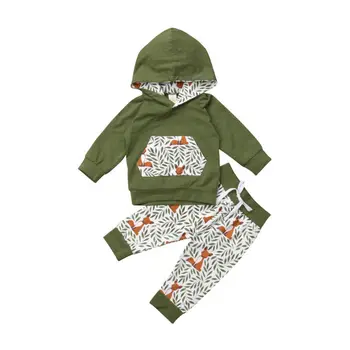 

2Pcs Newborn Kids Baby Girl Boy Fox Hooded Tops Green Leaves Print Long Pants Toddler Baby Autumn Outfits Clothes Set 0-3Y
