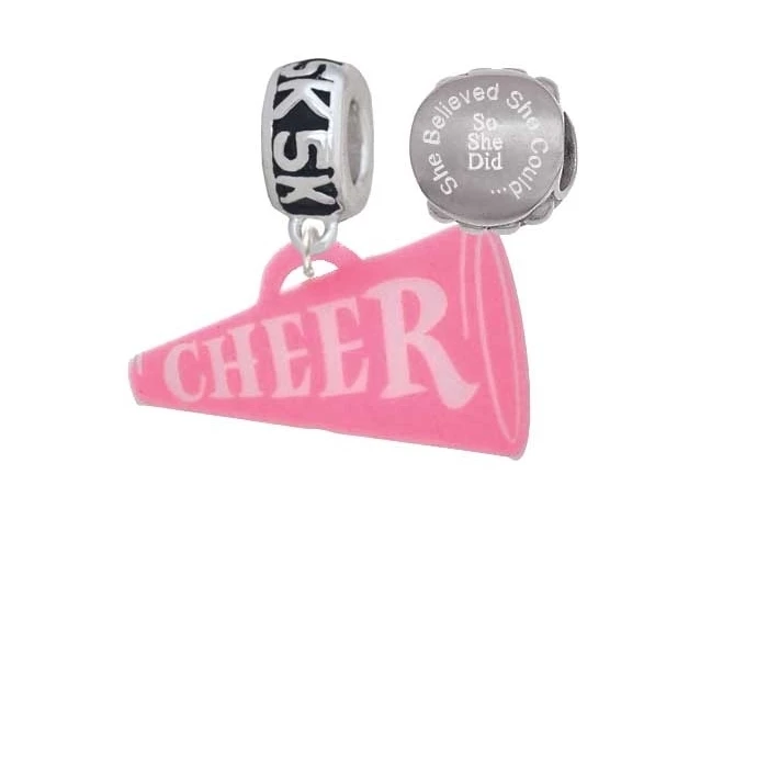 Acrylic 1.25&quot Hot Pink Cheer Megaphone 5K Run She Believed Could Charm Beads (Set of 2) |