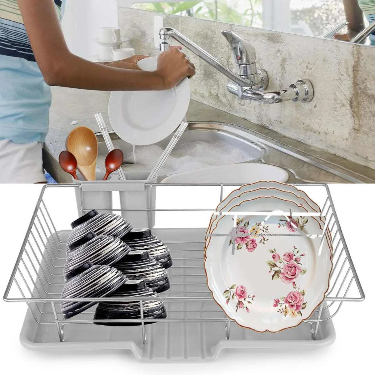 

Stainless Steel Dish Drainer Drying Rack With 3-Piece Set Removable Rust Proof Utensil Holde For Kitchen Counter Storage Rack