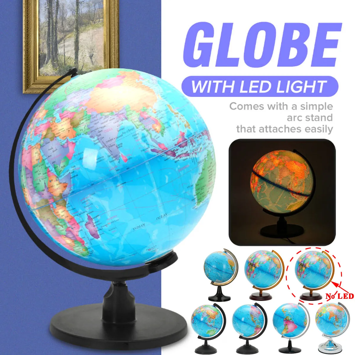 

LED Desk Rotating World Globe Lamp with ARC Stand EU Standard 220V Kids School Home Office Geography Earth Map LED light Lamp