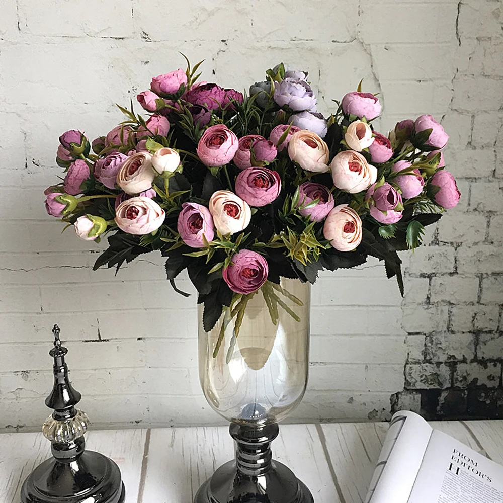 

9 Head/Bouquet Mini Fake Tea Rose Peony Flowers For Home Wedding Decor Artificial Rose Penoy Flower Bouquet Bud For Room Decor