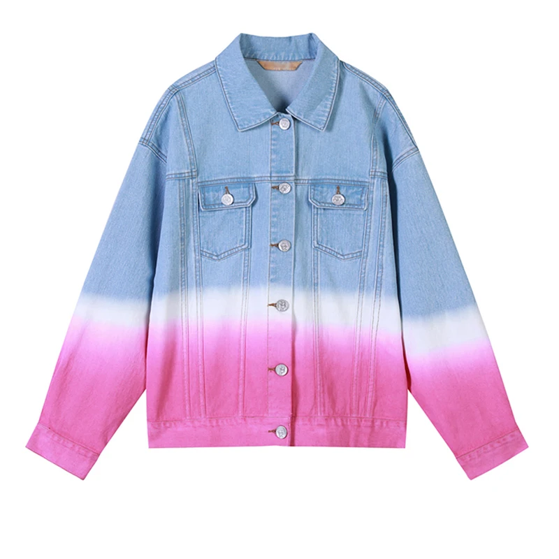 

Spring Basic Denim Jacket Women Bomber Coat 2019 New Short Loose Pink Gradient Contrast Color Chaqueta Plus Size Outerwear HJ191